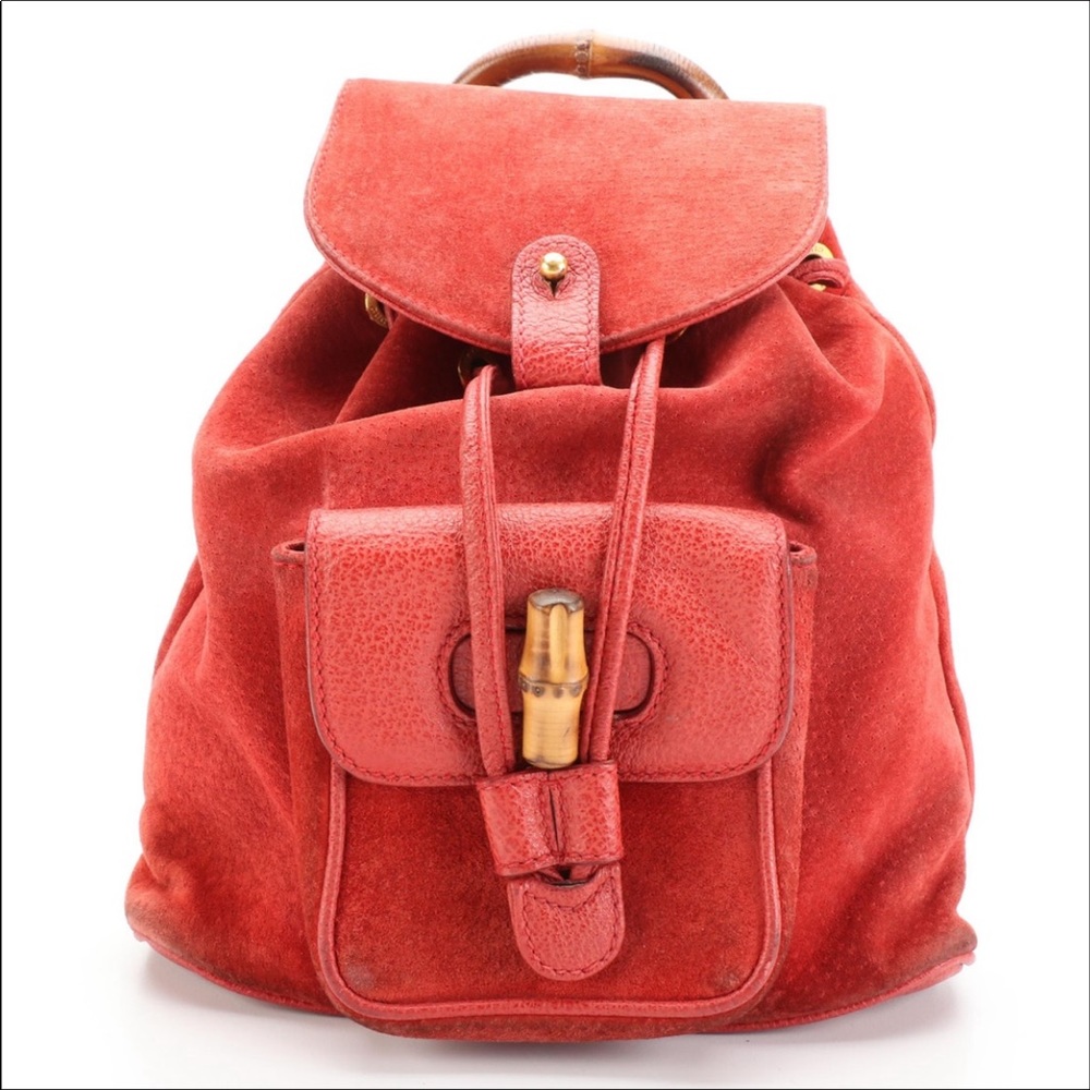 Vintage Gucci Bamboo Suede Leather Backpack - Red